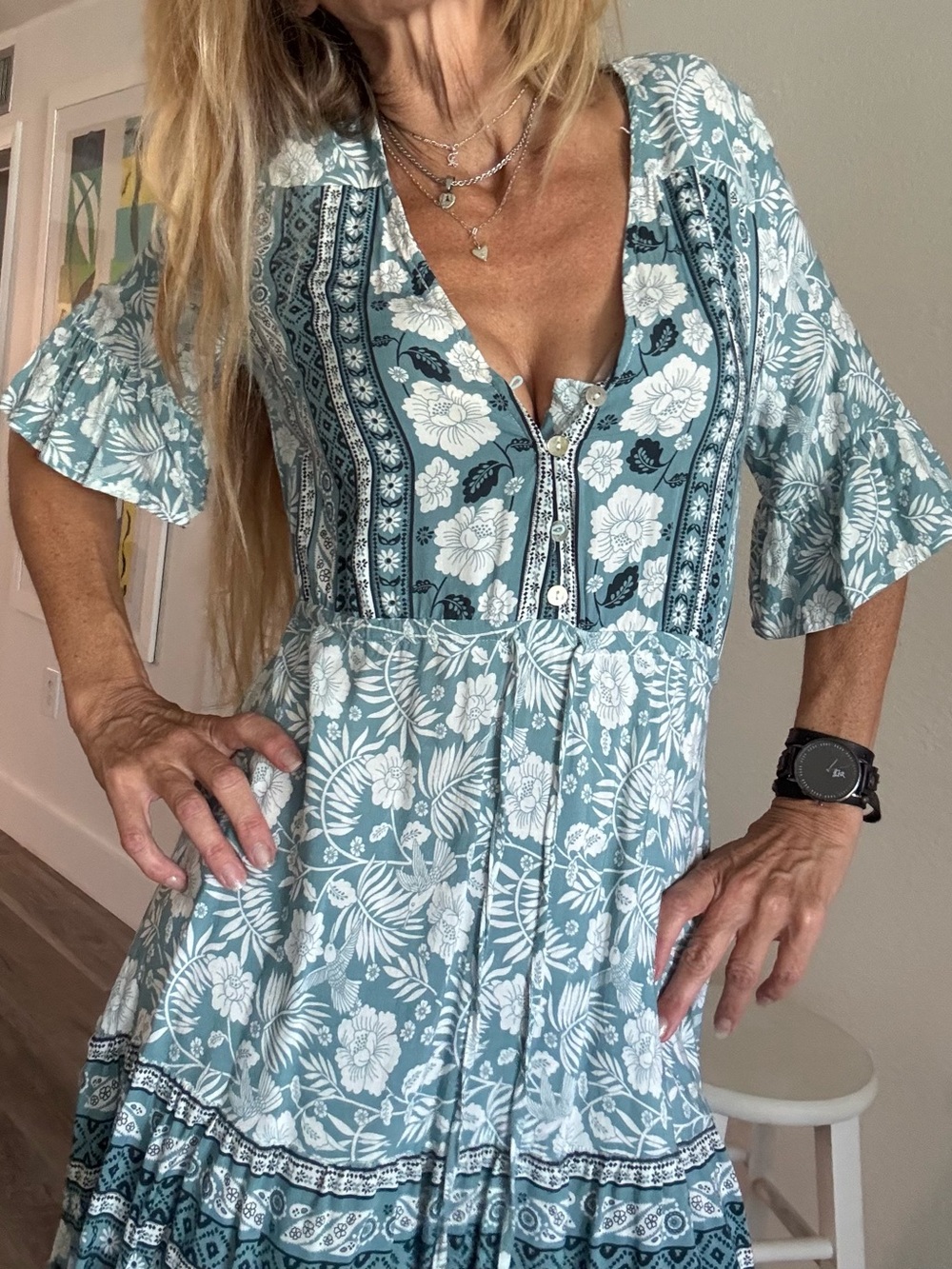 Boho Floral V-Neck Women’s Swim Cover-Up Dress in Seafoam S